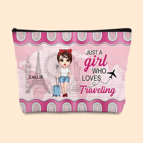 Personalised Just A Girl Who Loves Traveling Cartoon Canvas Makeup Storage Bag with Name Birthday Holiday Travel Gift for Women