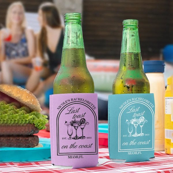 Personalisierter Bier-Kühlmanschette mit Namen Cocktail-Dattelpalme-Muster Bierflasche-Kühlmanschette 12er Set Oktoberfest Geschenk für Ehepaar