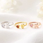 Personalized Cute 3D Bubble Letter Birthstone Adjustable Ring Dainty Jewelry Birthday Anniversary Gift for Women Girls