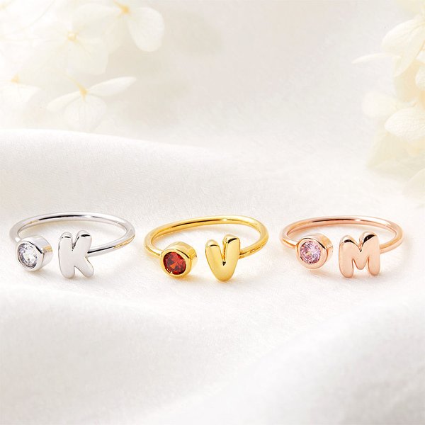 Personalized Cute 3D Bubble Letter Birthstone Adjustable Ring Dainty Jewelry Birthday Anniversary Gift for Women Girls