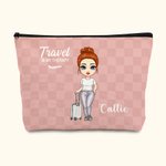 Viaje personalizado es mi terapia Mapa Global Plaid Cartoon Personaje Maquillaje Bolsa de almacenamiento con nombre Cumpleaños Vacaciones Viaje Regalo