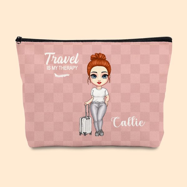 Viaje personalizado es mi terapia Mapa Global Plaid Cartoon Personaje Maquillaje Bolsa de almacenamiento con nombre Cumpleaños Vacaciones Viaje Regalo