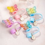 Personalized Golden Texture Gradient Butterfly Reusable Silicone Straw Topper with Initial Charm Accessory for Stanley Cup Birthday Gift for Her