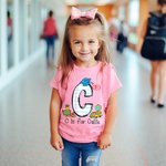 Personalized Doodle Apple Pencil Letter 100% Cotton Unisex T-Shirt with Initial and Name Back To School Activity Accessories Gift for Boys Girls