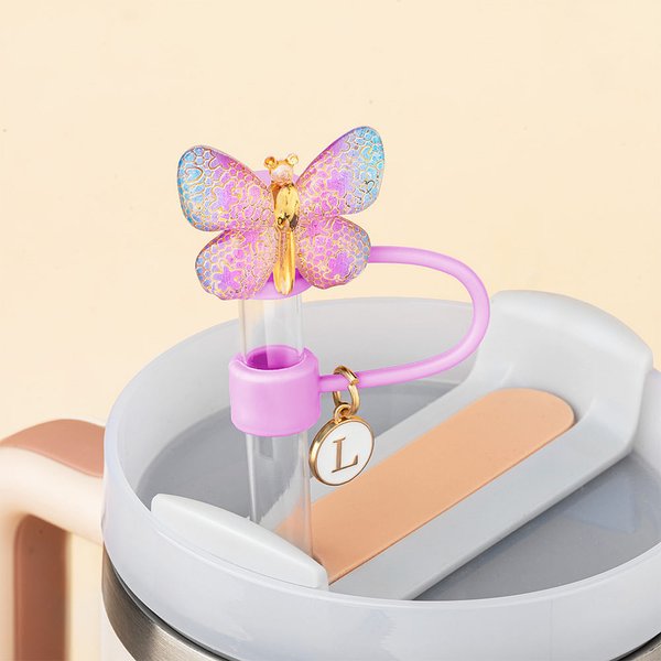 Personalised Golden Texture Gradient Butterfly Reusable Silicone Straw Topper with Initial Charm Accessory for Stanley Cup Birthday Gift for Her