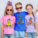 Personalized Doodle Apple Pencil Letter 100% Cotton Unisex T-Shirt with Initial and Name Back To School Activity Accessories Gift for Boys Girls