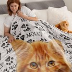 Personalized Imitation Oil Painting Effect Pet Photo Paw Print Soft Throw Blanket with Name Christmas Home Decoration Gift for Pet Cat Dog Lover