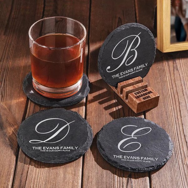 Personalisierter Initiale Schiefer-Untersetzer mit Text Esstisch Deko Hauseinweihung Geschenk für Paar Familie