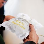 Personalised Luxurious Cotton Linen Scalloped Ring Bearer Pillow with Embroidered Letters and Date Wedding Keepsake Gift for Newlyweds