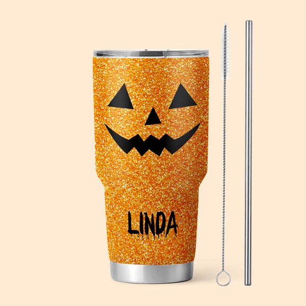 Gepersonaliseerde Faux Glitter Halloween Thema Pompoen Patroon Multicolor 30 oz Naam Tumbler met Deksel en Rietje Halloween Cadeau voor Familie Vriend