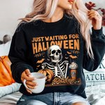 Personalized Skull Jack O'Lantern Bat Design Just Waiting For Halloween Crewneck T-shirt Sweatshirt with Name Halloween Costume Gift for Family