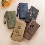 Personalized Birth Flower Leather Tri-Fold Wristlet Wallet with Name and Multiple Card Slots Birthday Bridal Party Anniversary Gift for Her