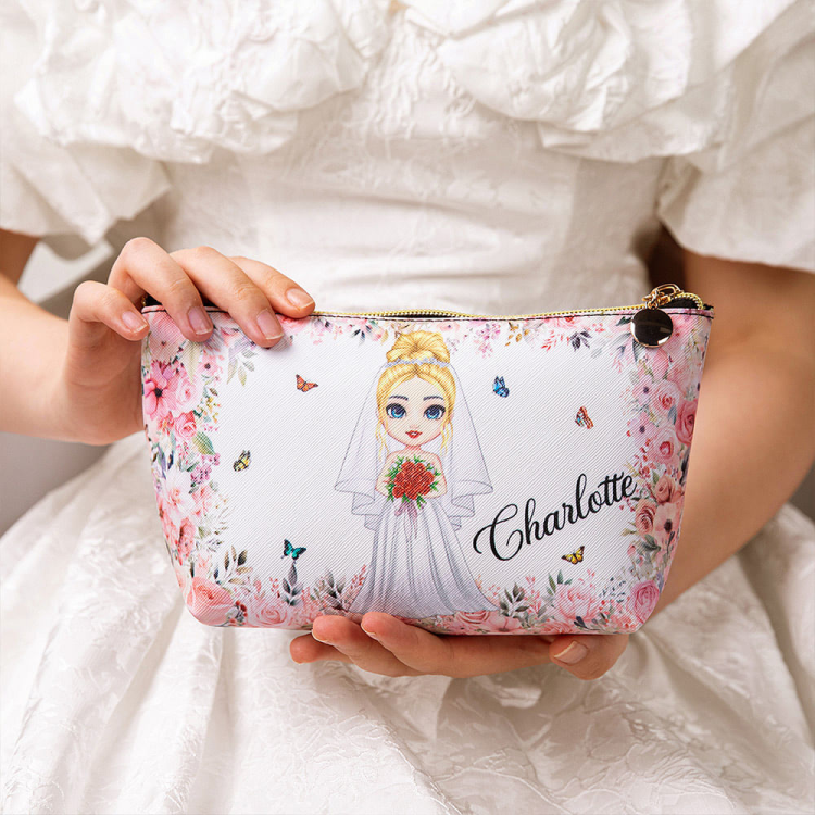 Personalizzato Cute Cartoon Character Flower Design Makeup Bag con nome Honeymoon Wedding Gift for Bride Bridesmaid (regalo di nozze per la sposa)