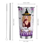 Personalized Purple Pumpkin Bat Witch 20oz Insulated Tumbler with Name and Straw Happy Halloween Gift for Women