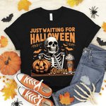 Personalized Skull Jack O'Lantern Bat Design Just Waiting For Halloween Crewneck T-shirt Sweatshirt with Name Halloween Costume Gift for Family