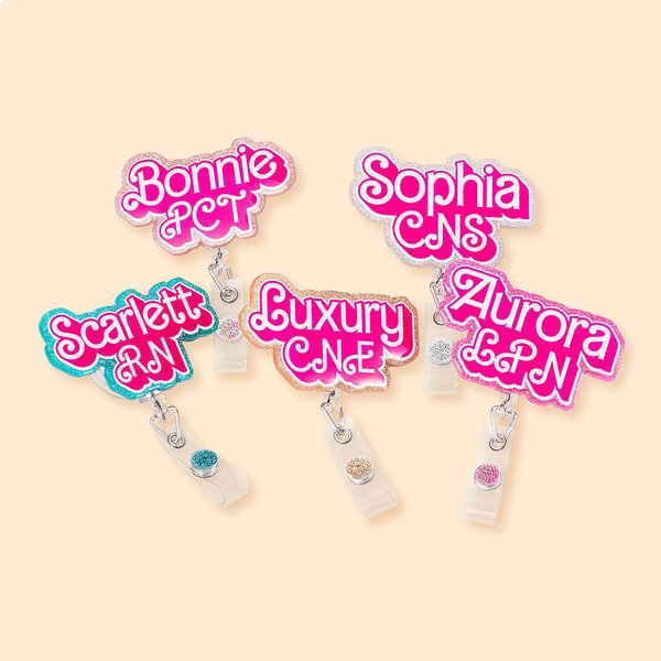Personalized Doll-like Style Glitter Acrylic Badge Reel Retractable ID Tag with Name Christmas Birthday Appreciation Gift for Nurse Doctor Teacher