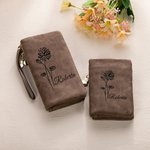 Personalized Birth Flower Leather Tri-Fold Wristlet Wallet with Name and Multiple Card Slots Birthday Bridal Party Anniversary Gift for Her
