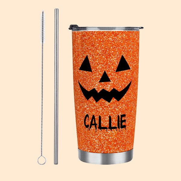 Personalisierte Faux Glitter lustige Kürbis-Muster Halloween-Thema 20 oz Becher mit Namen Halloween Geschenk für Familie Kinder