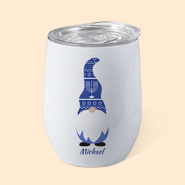 Verre à vin isolé 12oz avec nom et couvercle anti-débordement personnalisé Cadeau d'anniversaire Hanukkah pour famille juive