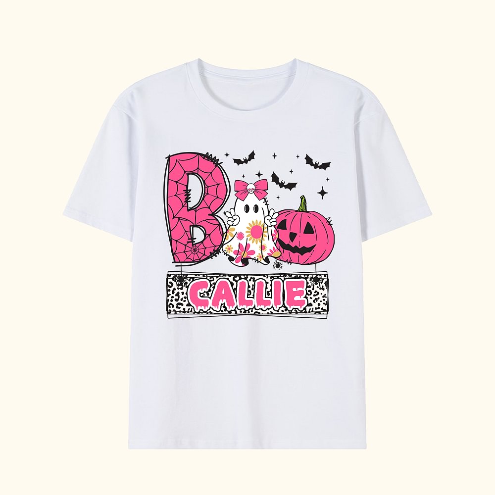 Sweatshirt T-shirt Boo Multicolore Personnalisé avec Nom Fantôme Citrouille Chauve-Souris Toile d'Araignée Cadeau Halloween pour Enfant
