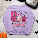 Personalized Halloween Ghost Pumpkin Bat Spider Web Boo Kid's Sweatshirt T-shirt with Name Multicolor Available Holiday Party Gift for Boys Girls