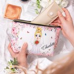 Personalized Cute Cartoon Character Flower Design Makeup Bag with Name Honeymoon Wedding Gift for Bride Bridesmaid
