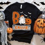 Personalized Halloween Ghost Pumpkin Bat Spider Web Boo Kid's Sweatshirt T-shirt with Name Multicolor Available Holiday Party Gift for Boys Girls