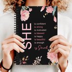 Personalized Self Care She Is Me Black A5 Spiral Journal Notebook with Name Flower Design 120 Pages Birthday Affirmation Gift for Women Girls