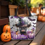 Personifierad söt Highland Cow Pumpa Bat Stor kapacitet Canvas Tote Bag med namn Halloween Party Present till vänner barn