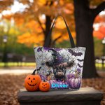 Personifierad söt Highland Cow Pumpa Bat Stor kapacitet Canvas Tote Bag med namn Halloween Party Present till vänner barn