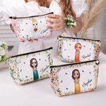 Personalized Cute Cartoon Character Flower Design Makeup Bag with Name Honeymoon Wedding Gift for Bride Bridesmaid