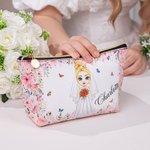 Personalized Cute Cartoon Character Flower Design Makeup Bag with Name Honeymoon Wedding Gift for Bride Bridesmaid