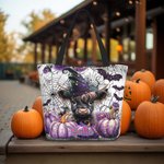 Personifierad söt Highland Cow Pumpa Bat Stor kapacitet Canvas Tote Bag med namn Halloween Party Present till vänner barn