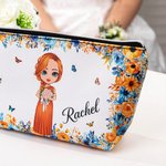 Personalized Cute Cartoon Character Flower Design Makeup Bag with Name Honeymoon Wedding Gift for Bride Bridesmaid