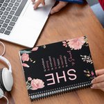 Personalized Self Care She Is Me Black A5 Spiral Journal Notebook with Name Flower Design 120 Pages Birthday Affirmation Gift for Women Girls