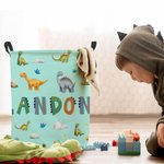 Cesta de tela Oxford impermeable personalizada con el nombre de un dinosaurio de dibujos animados como regalo de inauguración de la casa para niñas y 