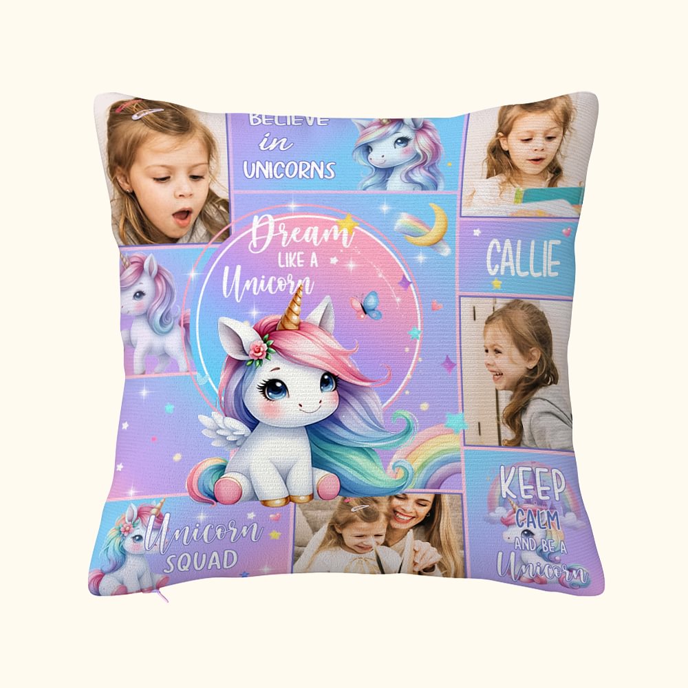 Taie d'Oreiller Personnalisée avec 4 Photos Motif de Licorne et Nom Accessoire de Maison Cadeau Anniversaire Noël pour Enfants