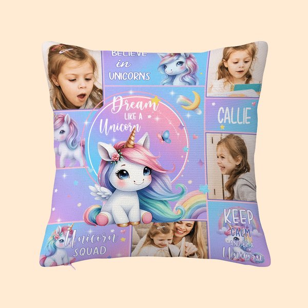Taie d'Oreiller Personnalisée avec 4 Photos Motif de Licorne et Nom Accessoire de Maison Cadeau Anniversaire Noël pour Enfants