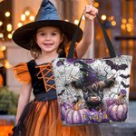 Personifierad söt Highland Cow Pumpa Bat Stor kapacitet Canvas Tote Bag med namn Halloween Party Present till vänner barn
