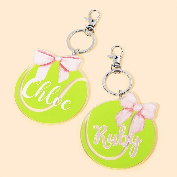 Personalisierte rosa Coquette Bogen Tennis Tasche Tag Schlüsselanhänger mit Namen Sport Team Geburtstag Geschenk für Tennisliebhaber
