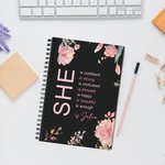 Personalized Self Care She Is Me Black A5 Spiral Journal Notebook with Name Flower Design 120 Pages Birthday Affirmation Gift for Women Girls