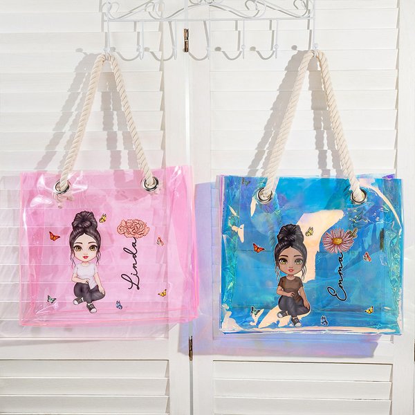 Personalised Cartoon Character Birth Flower Neon Laser Clear Large Tote Bag with Name Wedding Party Travel Accessories Gift for Her