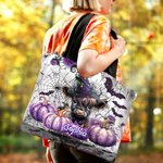 Personifierad söt Highland Cow Pumpa Bat Stor kapacitet Canvas Tote Bag med namn Halloween Party Present till vänner barn