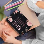 Personalized Self Care She Is Me Black A5 Spiral Journal Notebook with Name Flower Design 120 Pages Birthday Affirmation Gift for Women Girls