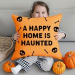 Personalized A Happy Home Is Haunted Skull Bone Theme Throw Pillow Cover with Text Home Decor Halloween Gift for Family