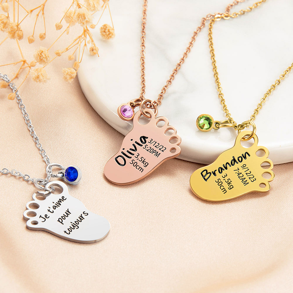 Collier de Pied de Bébé Personnalisé avec Texte Gravé et Pierre de Naissance Cadeau de Fête Prénatale pour Enfant et Nouvelle Maman