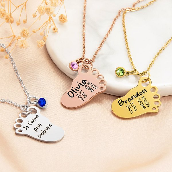 Collier de Pied de Bébé Personnalisé avec Texte Gravé et Pierre de Naissance Cadeau de Fête Prénatale pour Enfant et Nouvelle Maman