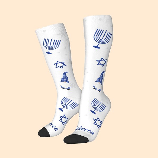 Chaussettes de Hanoukka personnalisées avec nom Chaussettes hautes à genoux confortables et respirantes Cadeau de Hanoukka pour la famille juive