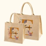 Personalised Jungle Animal Jute Tote Bag with Name and Initial Large Capacity Birthday Baby Shower Gift for Kids