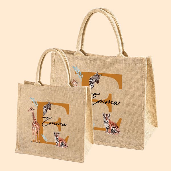 Personalisierte Dschungel Tier Jute Tragetasche mit Namen und Initialen große Kapazität Tote Bag Geburtstag Baby Dusche Geschenk für Kinder